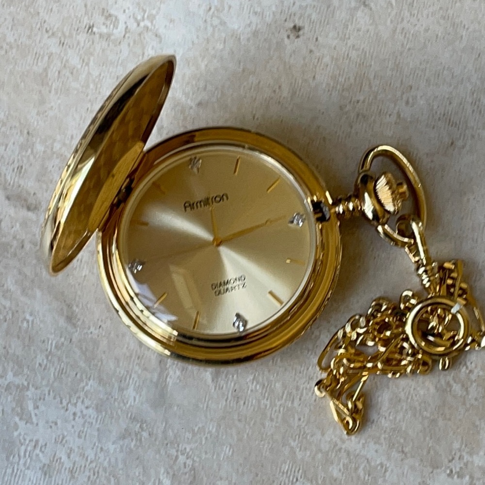 Armitron pocket Watch battery gold tone 4diamonds